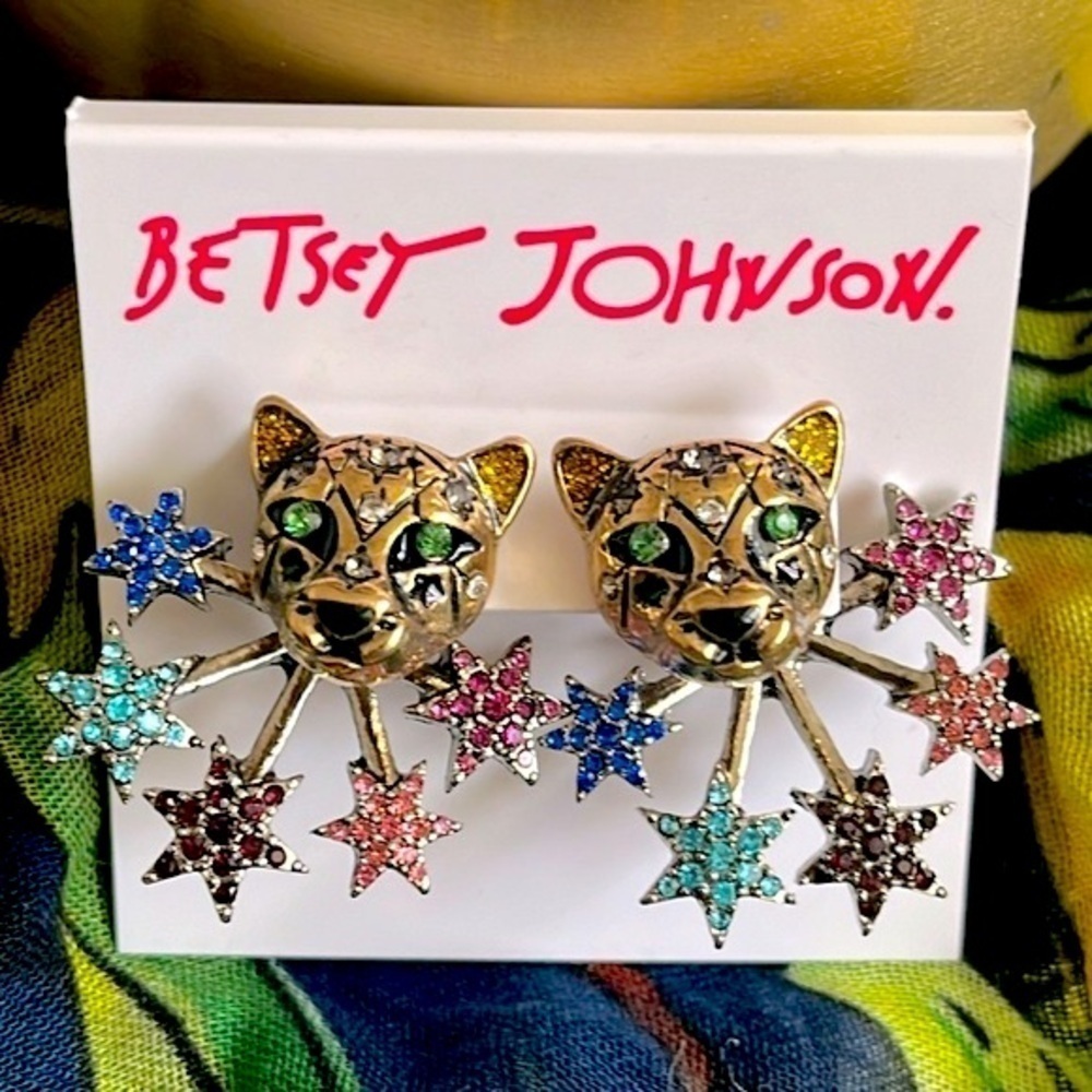 Brand New Betsey Johnson Leopard Colorful Stars Front Back Post Earrings Jungle - Picture 7 of 9